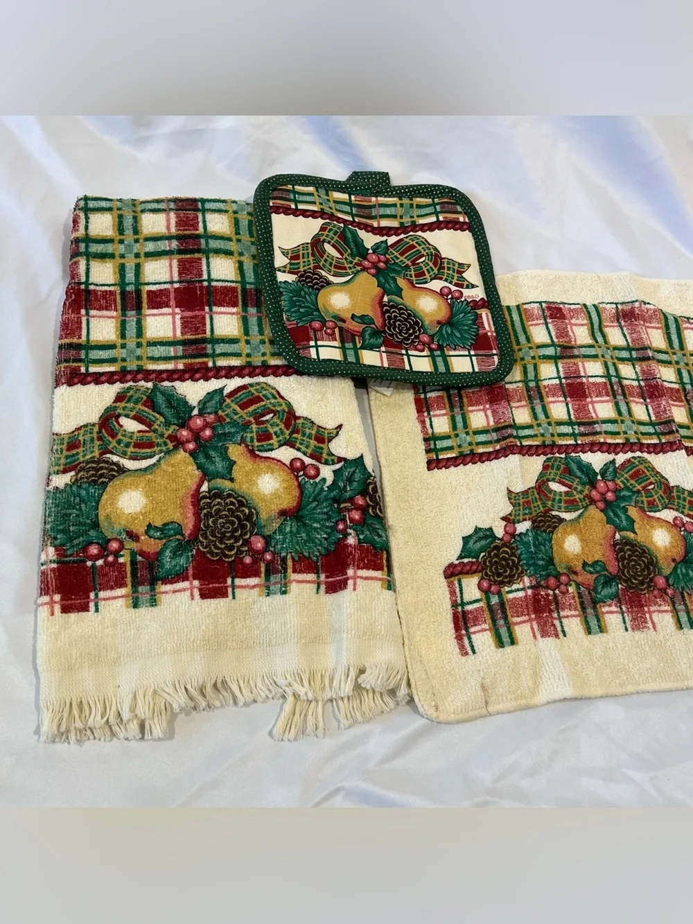 Vintage Royal Terry Christmas Kitchen Towel Set 3 Pc Plaid Pear Holly